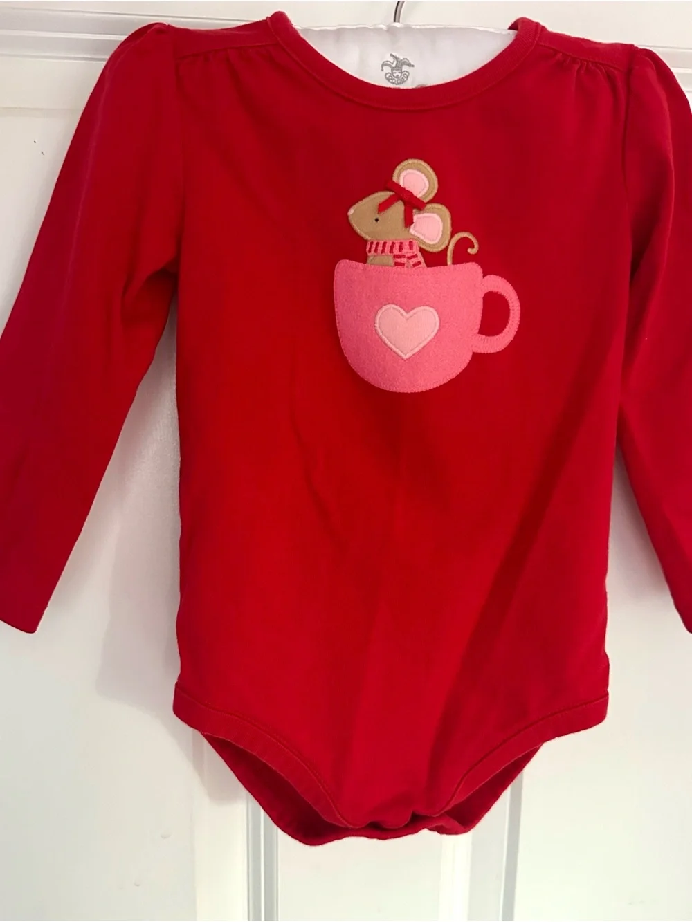 Gymboree Red Top with Pink Cup Applique and Cream Knit Fair Isle Pants